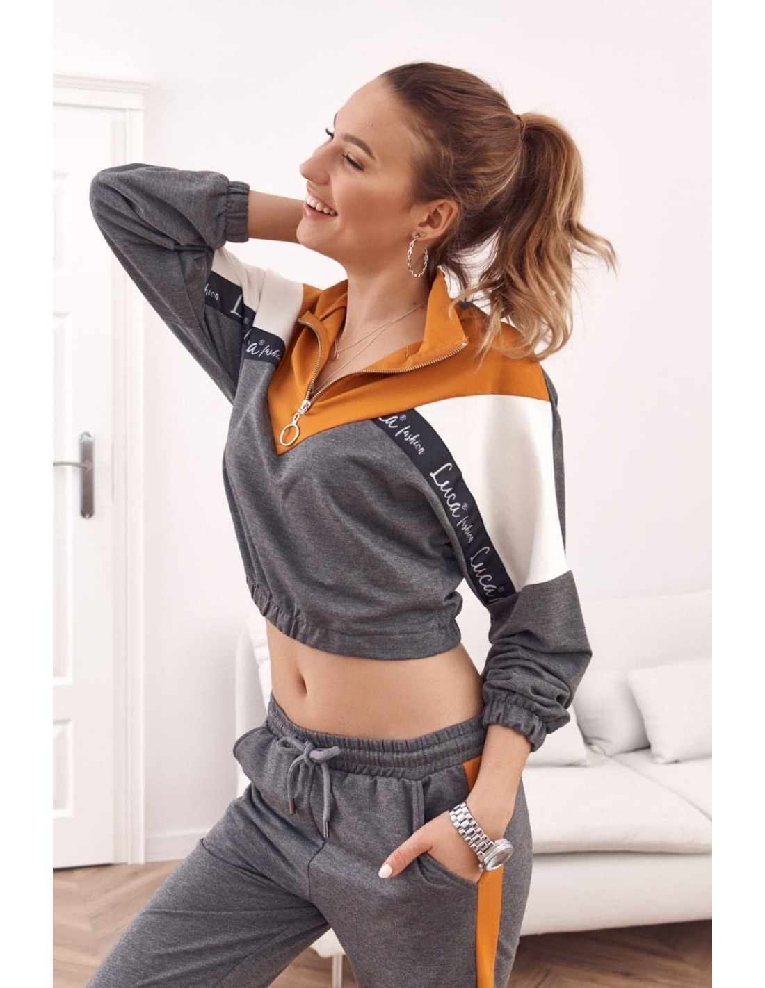 Comfortable tracksuit, sweatshirt with a stand-up collar and trousers, mustard-gray 01039 - Online store - Boutique